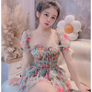 Đầm Váy Voan Nư tiểu thư tay ngắn phòng thiết kế nhún eo váy tầng kèm quần sang chảnh