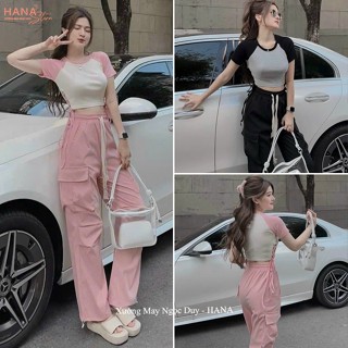 Quần ống rộng kaki nữ dài có túi hộp dây rút eo màu Hồng Đen - Quần Jogger nữ bo gấu cạp chun vải Kaki co giãn cá tính