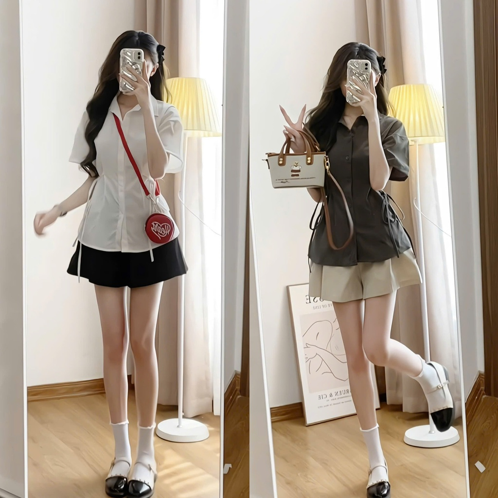 Set áo sơ mi đũi phối dây buộc hai bên eo kèm quần short cạp chun phong cách ulzzang