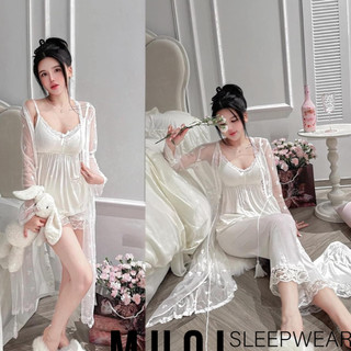 FREESHIP -Set bộ đồ ngủ voan TRẮNG 4 món kèm choàng phối nơ ngực kèm mút hot hit SX 403 - MIEMMOC QUẢNG CHÂU cao cấp
