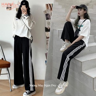 Quần thể thao 3 sọc nữ ống rộng viền kẻ sọc trắng có dây rút kéo - Quần thể thao ống rộng nữ chất vải Umi đi học thể dục