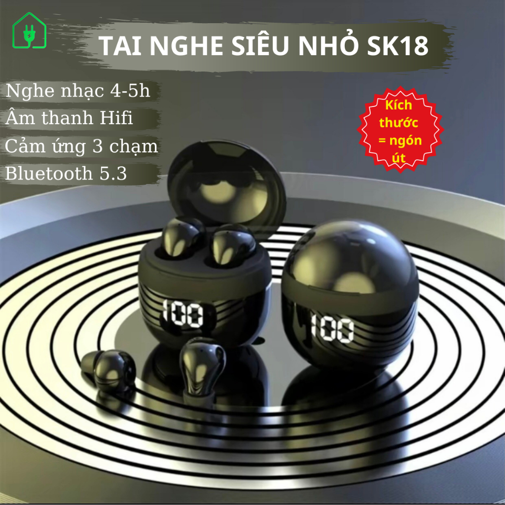 (Bộ kép mini T8/2025) Tai nghe bluetooth SK18 mini siêu nhỏ đeo ngủ giảm ồn chống nước IPX5 cảm ứng chạm pin 4h nhét tai