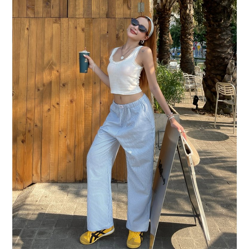 Quần Dài Ống Rộng Kẻ Sọc Pepper Clothing Quần Mặc Nhà Lưng Thun Ống Suông Thoải Mái Mát Mẻ Trendy - 