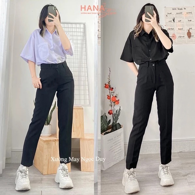 Quần tây baggy đi học nữ xanh đen A668 cạp lưng cao có đỉa - Quần vải học sinh dày đáy cao nữ cấp 3 2 phối sơ mi đi học | BigBuy360 - bigbuy360.vn