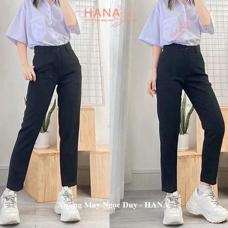 Quần tây baggy đi học nữ xanh đen A668 cạp lưng cao có đỉa - Quần vải học sinh dày đáy cao nữ cấp 3 2 phối sơ mi đi học | BigBuy360 - bigbuy360.vn