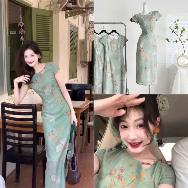 𝑯𝑨̀𝑵𝑮 𝑪𝑶́ 𝑺𝑨̆̃𝑵  Váy Xườn Xám Xanh Mint Tay Ngắn Dáng Dài Xẻ Tà - QCL1