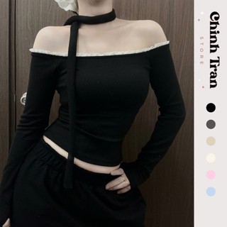 ( KÈM DÂY) Áo Trễ Vai Nữ Dài Tay Phối Ren Kèm Dây Chất Len Dày Dặn Thu Đông - Chinh Trần Store