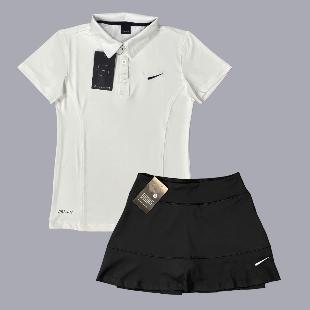Bộ Váy Thể Thao Tennis 2 Lớp NK01 + Áo Cổ Trụ NK Vải Thun Lạnh Co Giãn Tốt Chơi Pickleball, Cầu Lông, Tennis, Golf