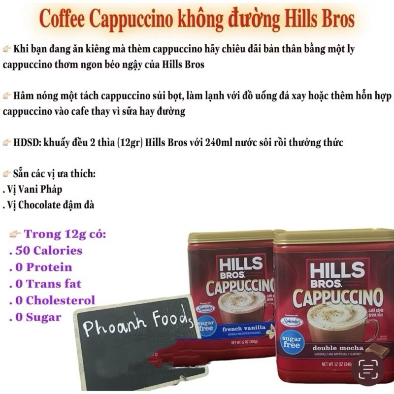 Coffee Cappuchino Hills Bros ( ít calo/ 0 đường / 0 fat / 0 protein )