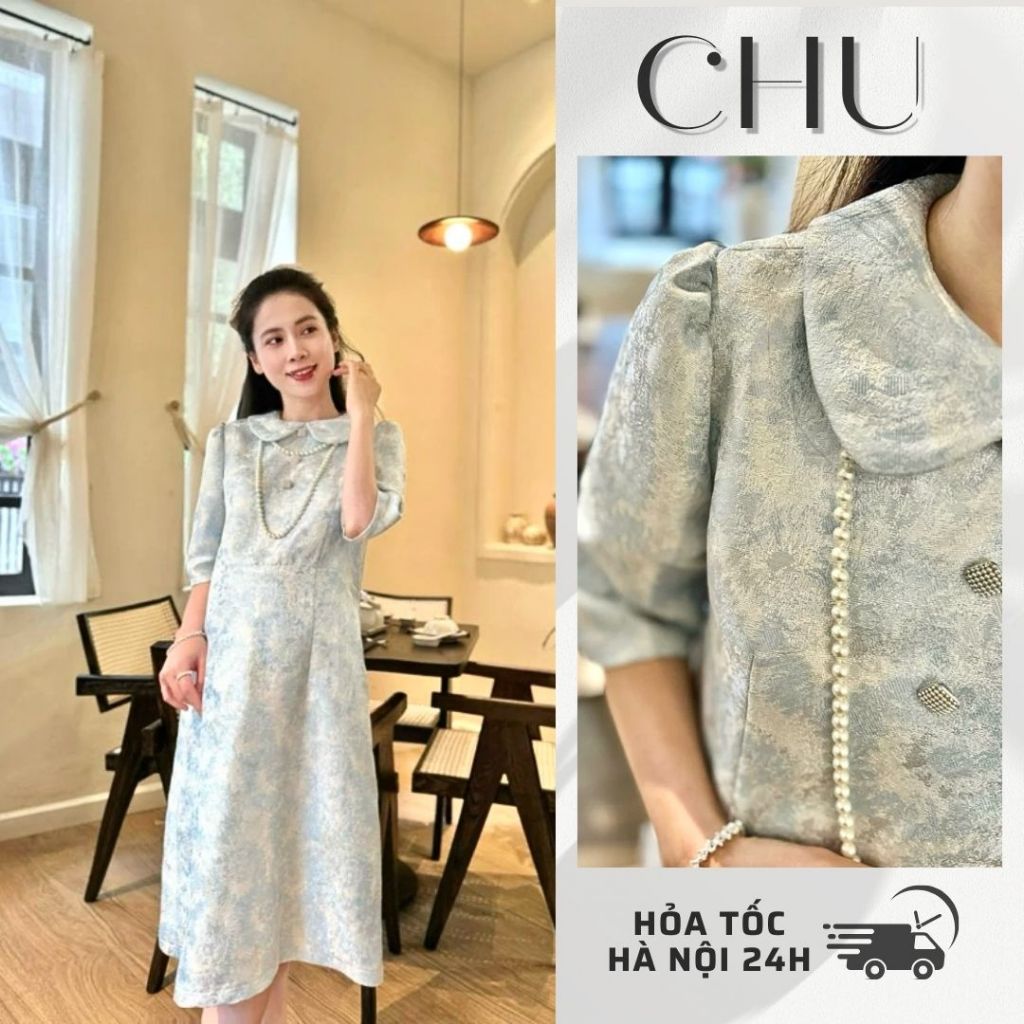 (Ảnh thật) Váy gấm hoa xanh