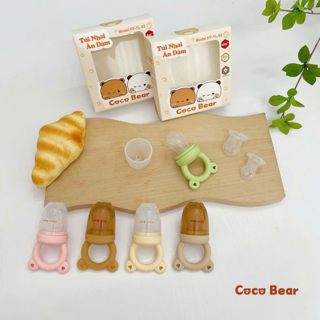  Túi nhai ăn dặm cho bé Cocobear kèm 3 size núm chất liệu silicon Túi gặm trái cây Cocobear silicon kèm 3 size núm 