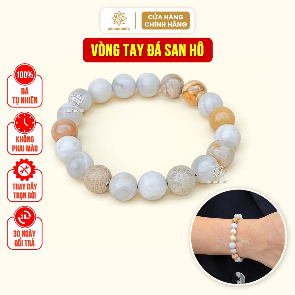 Vòng tay đá san hô tròn đơn Sơn Mộc Hương đeo tay nam nữ phong thủy may mắn bình an tài lộc