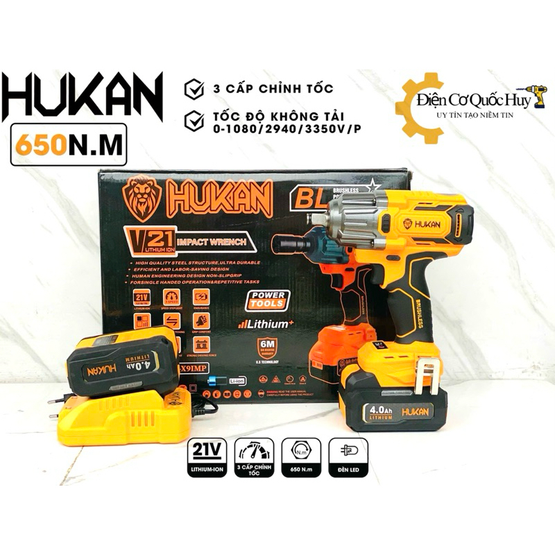 Máy Siết Bulong HUKAN x9 Pro Lực Siết 650Nm cực mạnh không chổi than trang bị pin 4.0ah dòng xã 15c