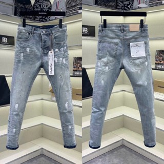 Quần jean bò nam Purple slimfit wash xanh bạc trơn dập nhăn 3D vảy sơn trắng 4 cúc mác lụa boy phố QJ592P