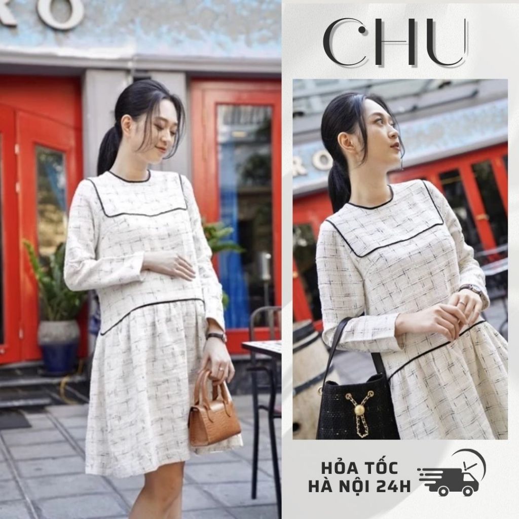(Ảnh thật) Váy dạ tweed phối viền