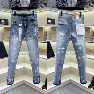 Quần jean bò nam Purple slimfit xanh bạc trơn dập nhăn 3D phối quét sơn trắng 4 cúc mác lụa basic QJ595P