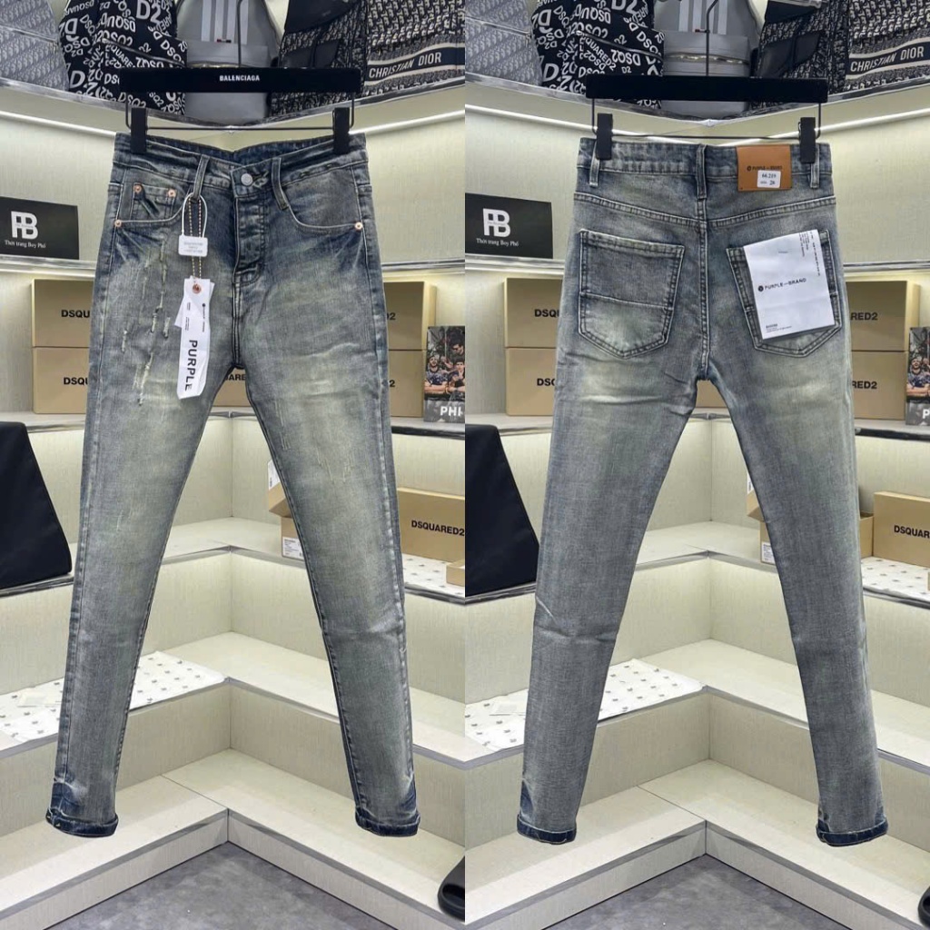 Quần jean bò nam Purple slimfit trơn xanh bụi vàng cào xước đùi dập nhăn 3D ống mác lụa boy phố QJ597P