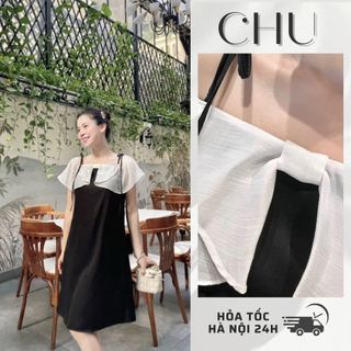 (Ảnh thật) Váy đen nơ tơ trắng. Ảnh thật shop tự chụp