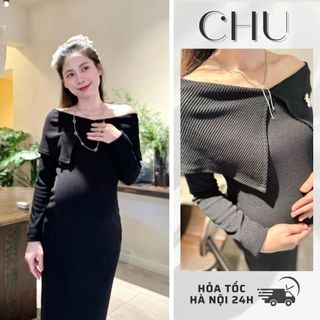 (Ảnh thật) Váy body len trễ vai màu đen