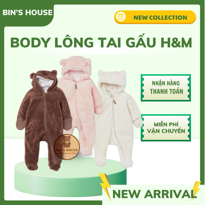 Body lông, chần bông cho bé H&M sz 0-9M form to, xuất dư cắt tag