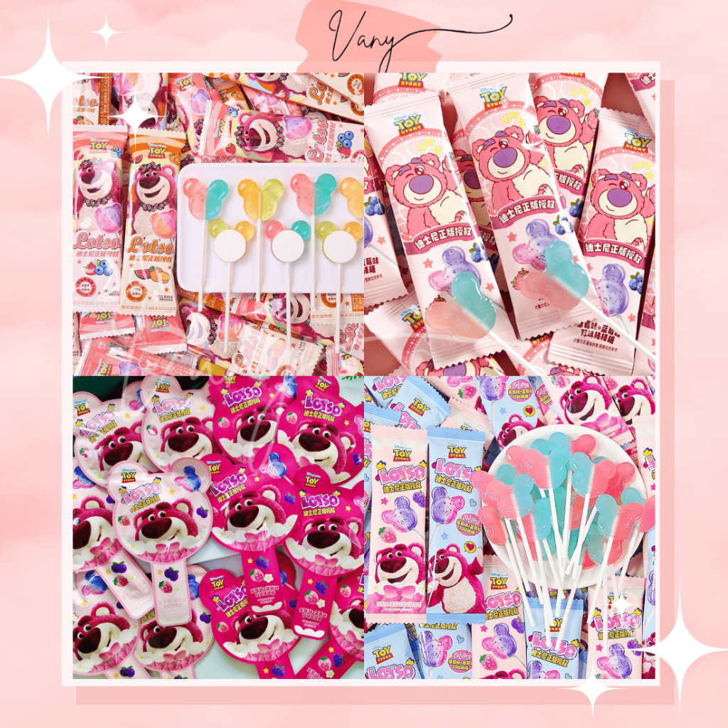 [Combo 10 cái] 15 Loại Kẹo Mút Trái Cây Mix Gấu Dâu Lotso Dâu Tây Việt Quất Dưa Hấu Cam Bao Bì Mới 2024