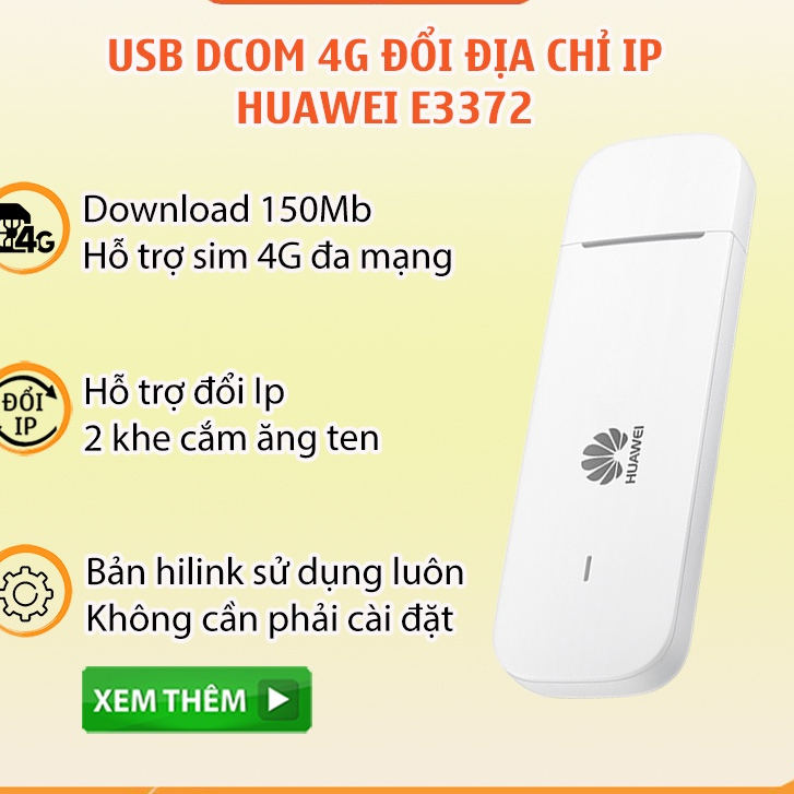 Usb Dcom Huawei 4G E3372 K5161 Tốc Độ 150Mb - Hỗ Trợ Đổi IP - Công Nghệ HiLink, Hàng chính hãng