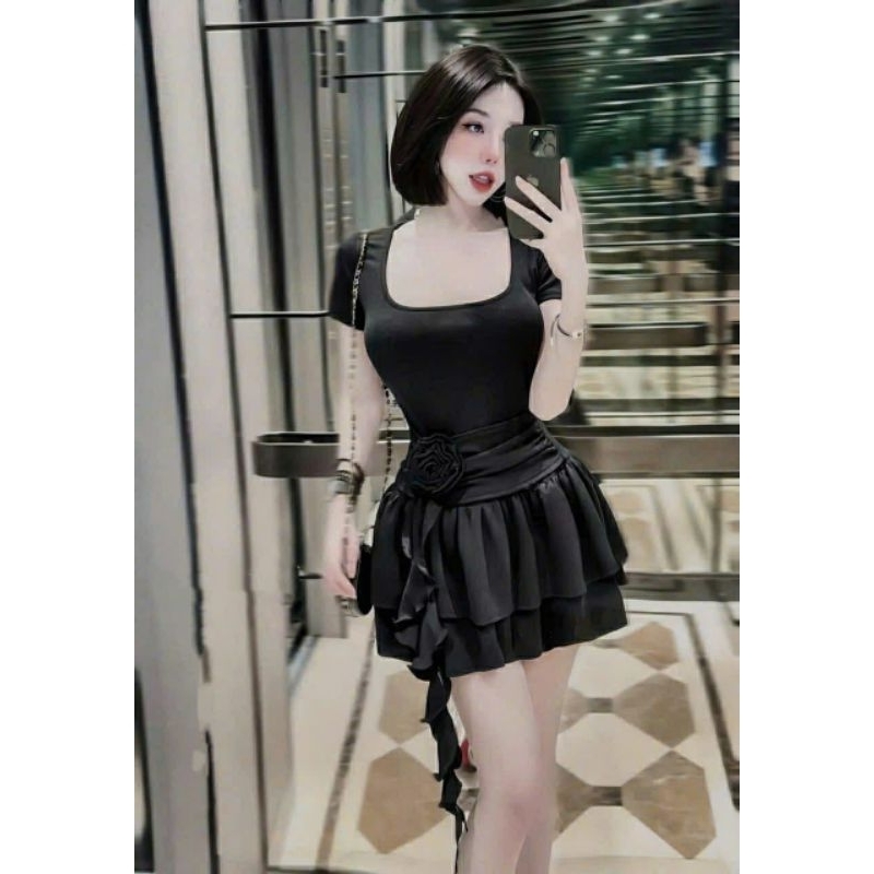 Váy nữ xoè chiết eo ,Đầm thun tà hông bông eo dự tiệc,đi chơi 3 màu tôn da Kèm quần rời G094 | BigBuy360 - bigbuy360.vn