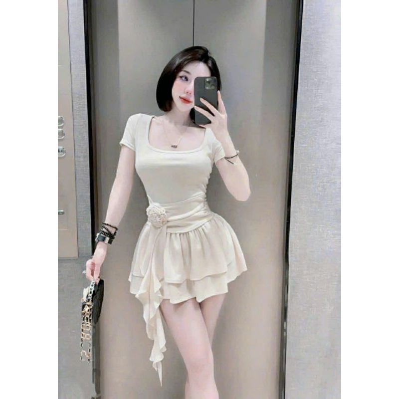 Váy nữ xoè chiết eo ,Đầm thun tà hông bông eo dự tiệc,đi chơi 3 màu tôn da Kèm quần rời G094 | BigBuy360 - bigbuy360.vn