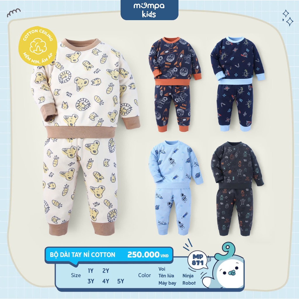 Bộ quần áo dài tay cho bé Mompa 1-5 tuổi vải cotton ấm áp mềm mại thông thoáng 871