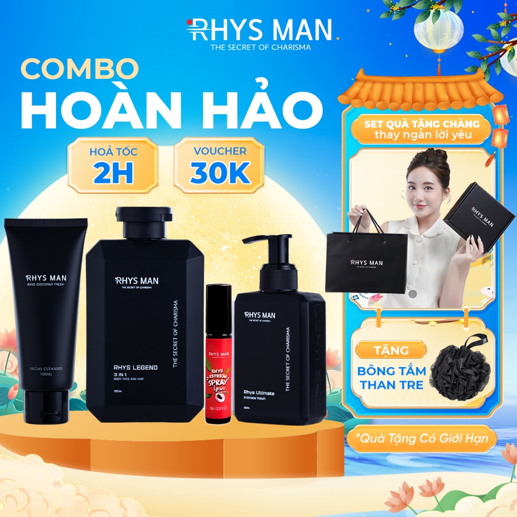 Combo Sữa tắm gội 3in1 350ml, Sữa rửa mặt 100ml, Dung dịch vệ sinh 120ml, Xịt thơm miệng RHYS MAN