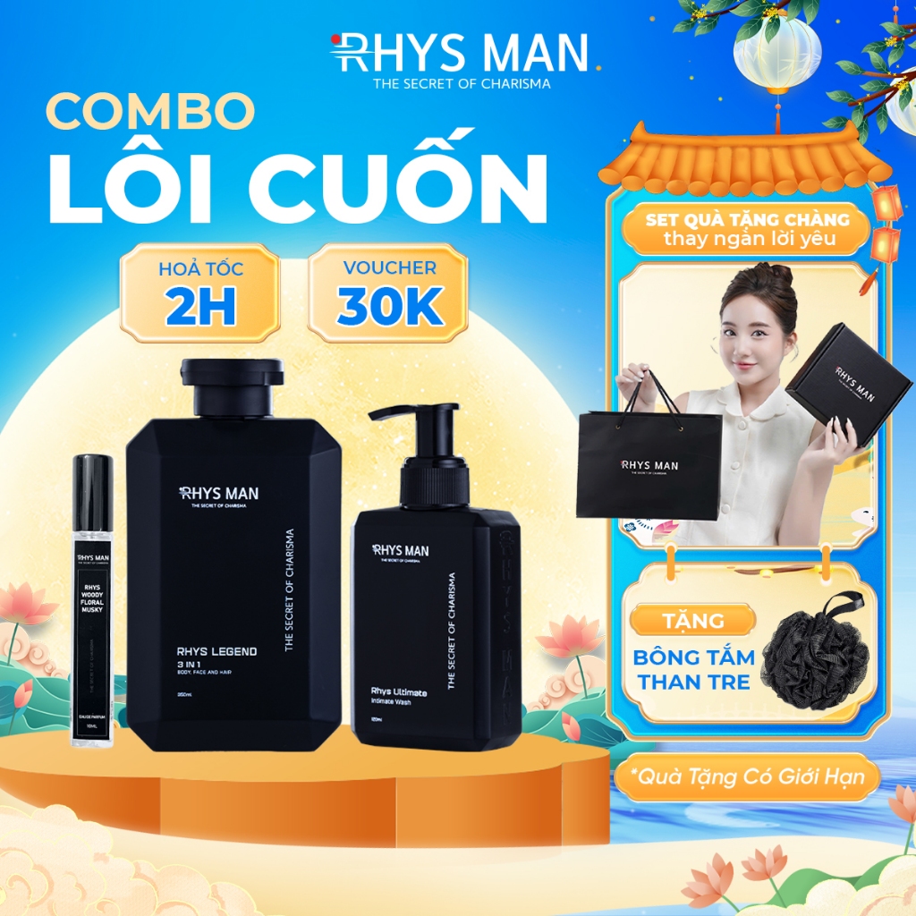 Bộ Quà Tặng - Sữa tắm gội 3in1 350ml, Dung dịch vệ sinh 120ml, Nước hoa nam 10ml RHYS MAN