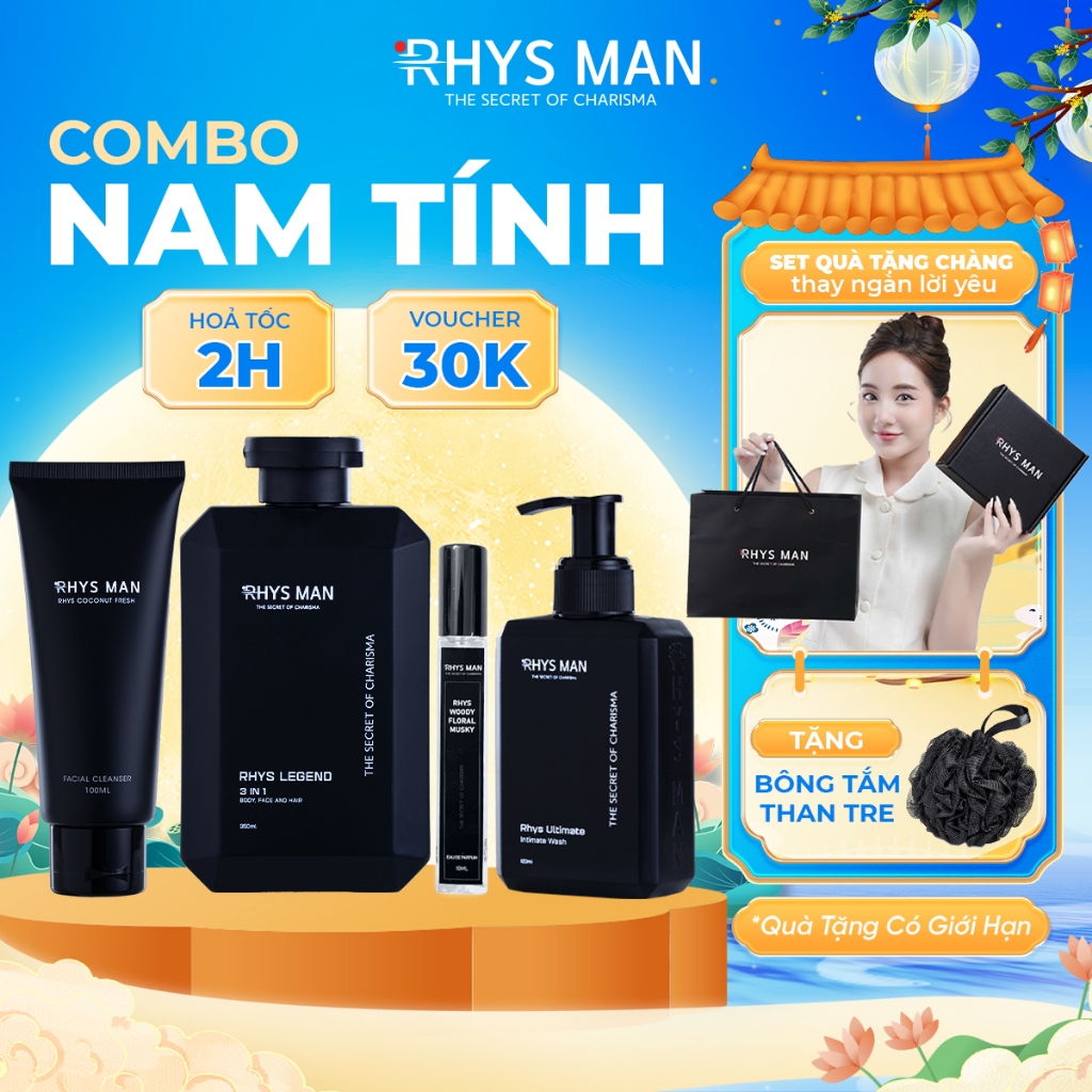 Bộ quà tặng-Sữa tắm gội 3in1 350ml & Sữa rửa mặt 100ml & Dung dịch vệ sinh 120ml & Nước hoa nam RHYS MAN