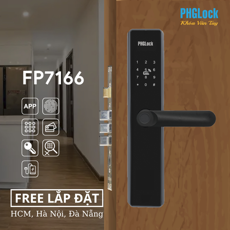 Khóa Vân Tay Cao Cấp Nhập Khẩu Úc PHGLock Mã FP7166 - Bộ Nhớ 100 Vân Tay, 100 Thẻ, 100 Mã Số - Pin 4xAA Alkaline