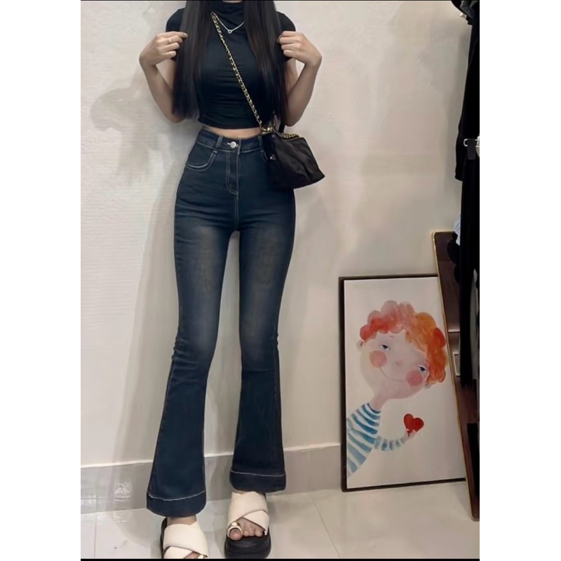 Quần loe lưng cao gấu to màu retro chất jeans co dãn dáng nấm lùn