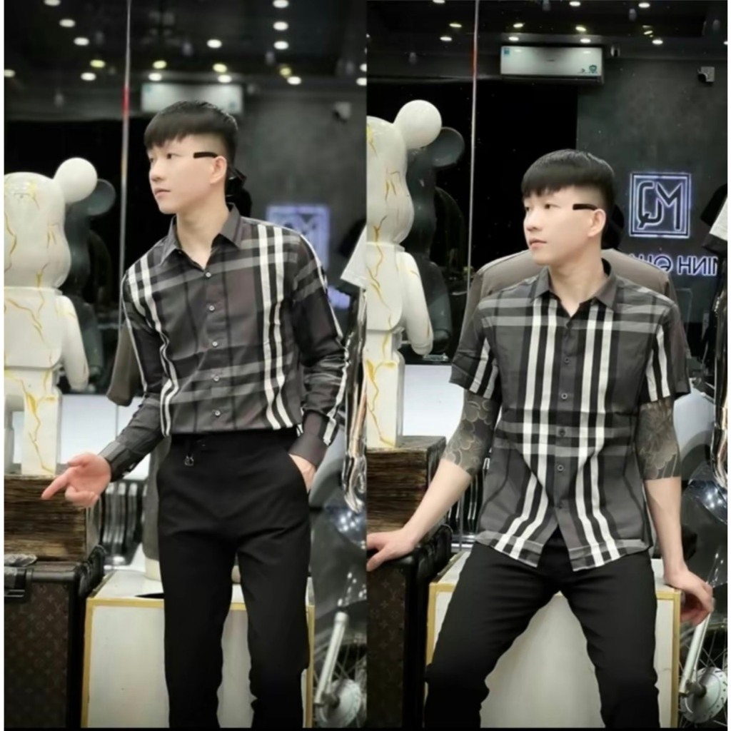 Áo sơ mi nam caro dài tay phối sọc trắng xám MENSWEAR mẫu mới HOT