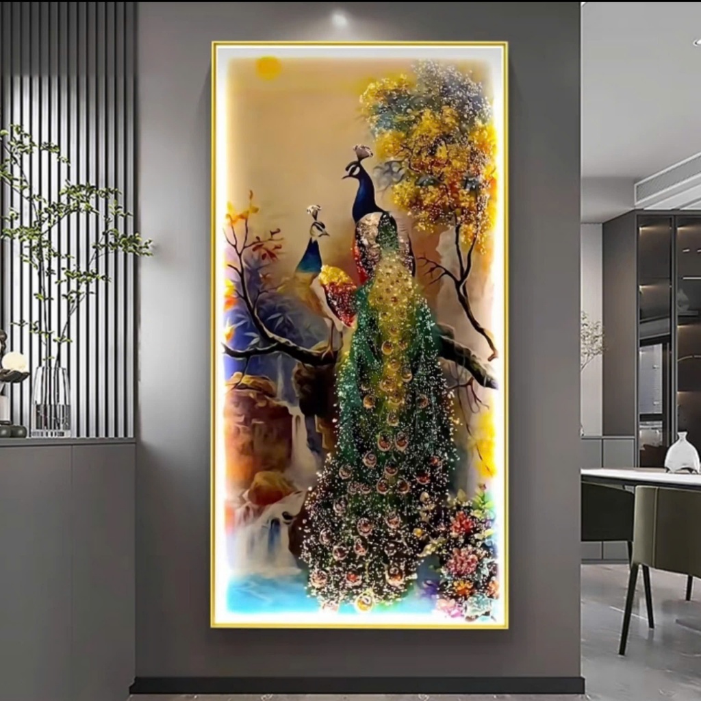 Tranh ĐÍNH ĐÁ PHA LÊ, ĐÈN LED chim Công sang trọng, trang trí phòng khách, phòng ngủ...