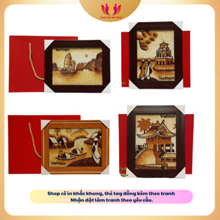 Tranh gạo để bàn đất nước VN 20x25cm HÀ THÀNH, có chân chống, quà lưu niệm Việt Nam, tặng 1 hộp đựng cao cấp
