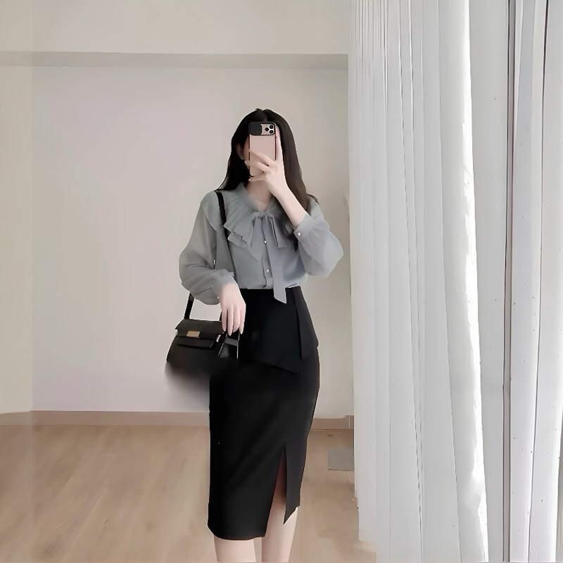 Chân váy bút chì công sở lưng cao vạt che bụng dài qua gối, Mã CV68
