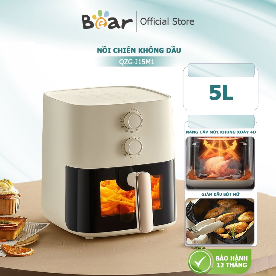 Nồi chiên không dầu Bear 5L QZG-J15M1, công suất 1500W, KHÔNG CẦN LẬT, chiên nướng hơi nước giảm tối