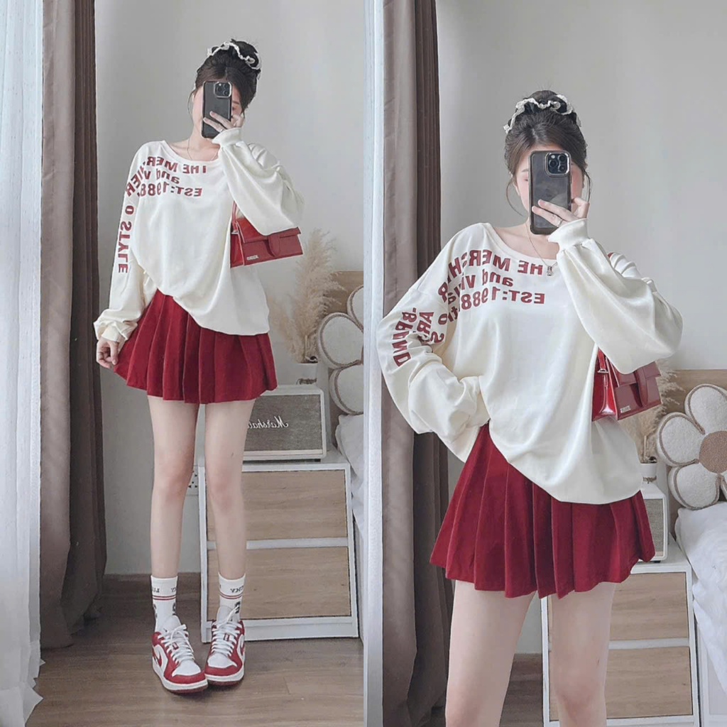 Set váy thiết kế năng động, dễ thương 2 màu cho nàng,set áo tay dài in chữ mix váy ngắn xếp ly có lót - SHOP NGÔ FASHION