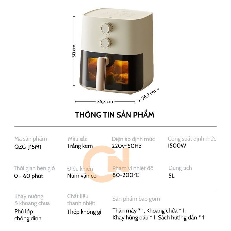 Nồi chiên không dầu Bear 5L QZG-J15M1, công suất 1500W, KHÔNG CẦN LẬT, chiên nướng hơi nước giảm tối đa dầu mỡ | BigBuy360 - bigbuy360.vn