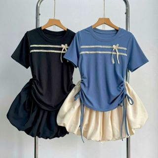  Set Bộ Bigsize Nữ  Có lẻ áo váy  Áo Thun Tay Ngắn Có Dây Rút 2 Bên Che Bụng Kèm Chân Váy Bí Lót Bảo Hộ - SET841 