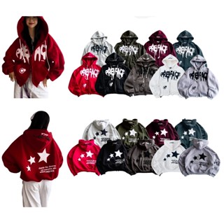 Áo Hoodie Boxy Zip THREE STARS Nam Nữ Chât Nỉ Ngoại In nổi, Áo Khoác Thời Trang