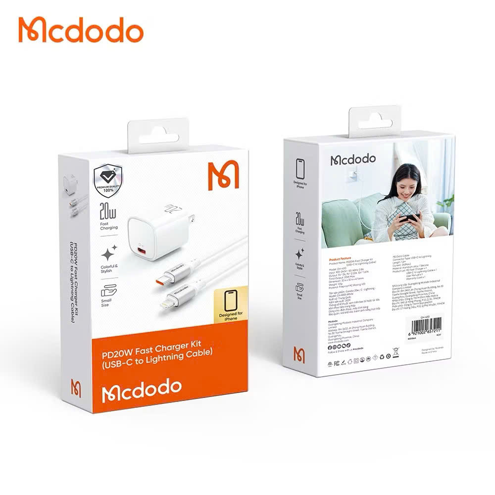 Combo cáp sạc Mcdodo PD 20W sạc nhanh USB-C to L CH-4005 White