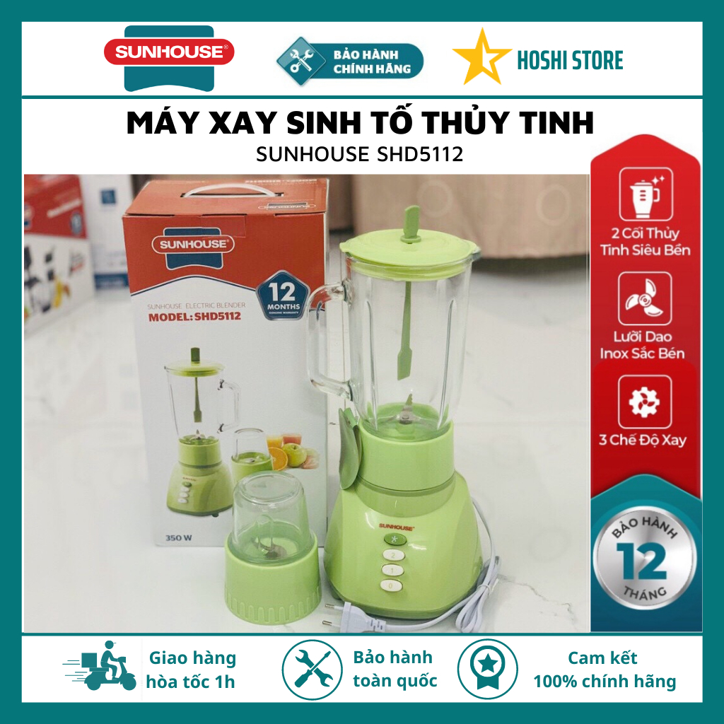 {BẢO HÀNH 12 THÁNG} Máy xay sinh tố thủy tinh SUNHOUSE SHD5112 đa chức năng, xay rau củ quả, sinh tố