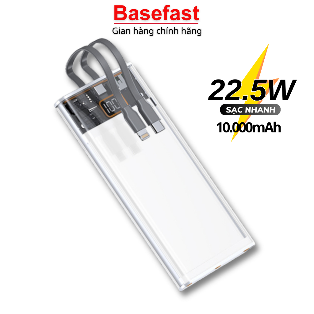 Sạc dự phòng 10000mah Basefast Pin tích hợp sẵn 2 dây sạc nhanh 22.5W cho iP type c samsung xiaomi