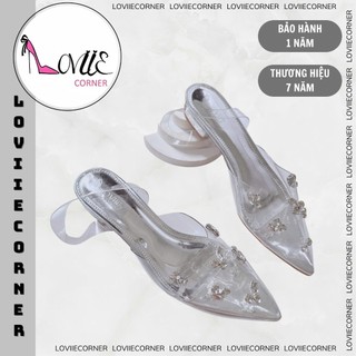  LOVIIECORNER - GIÀY BỆT NỮ MŨI NHỌN - SỤC NỮ MULES QUAI MICA ĐÍNH ĐÁ HỞ HẬU DÂY MICA - G240882 