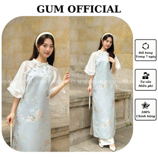 Áo Dài Thanh Điệp chất gấm tafta hồ điệp tay bồng đính nơ vai Gum Official, Set áo dài cách tân dáng xuông tay lỡ -AD027