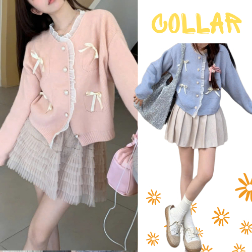 áo khoác len cardigan dài tay 4 nơ màu hồng, xanh thời trang nữ Hàn Quốc, Áo cdg dệt kim dày mặc thu đông 2024 Collar