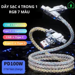 Dây cáp sạc nhanh 4 trong 1 RGB 7 màu cao cấp hợp kim kẽm siêu dẻo chống đứt gãy bọc nhôm kẽm 1m sạc đa thiết bị
